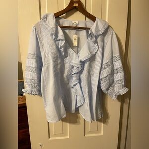 Aerie Size Large Light Blue Ruffled Blouse with Lace Sleeves